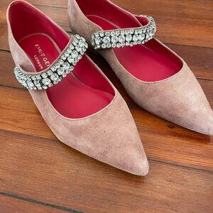 Kurt Geiger Blush Suede Pointed Mary Jane Flats with Crystal Strap